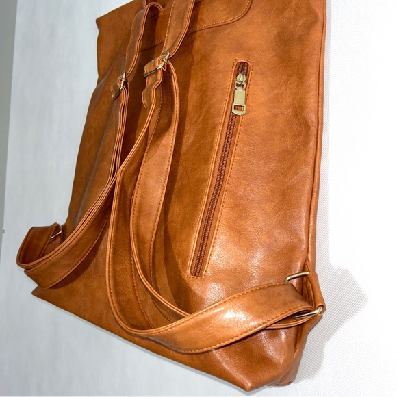 Vegan Leather Oversized Backpack- Convertible Laptop Travel Bag‎ Camel NEW - Picture 5 of 16